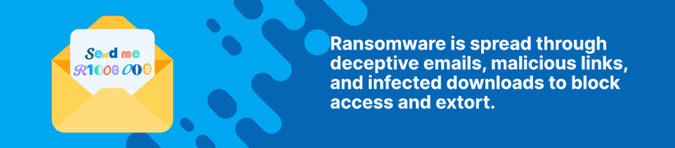 Strip Banner Text - Ransomware is spread through deceptive emails, malicious links, and infected downloads to block access and extort