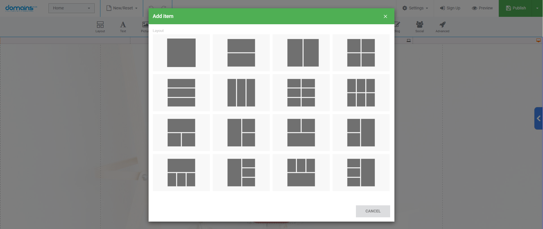Add Website Content In Site Builder - Select Layout