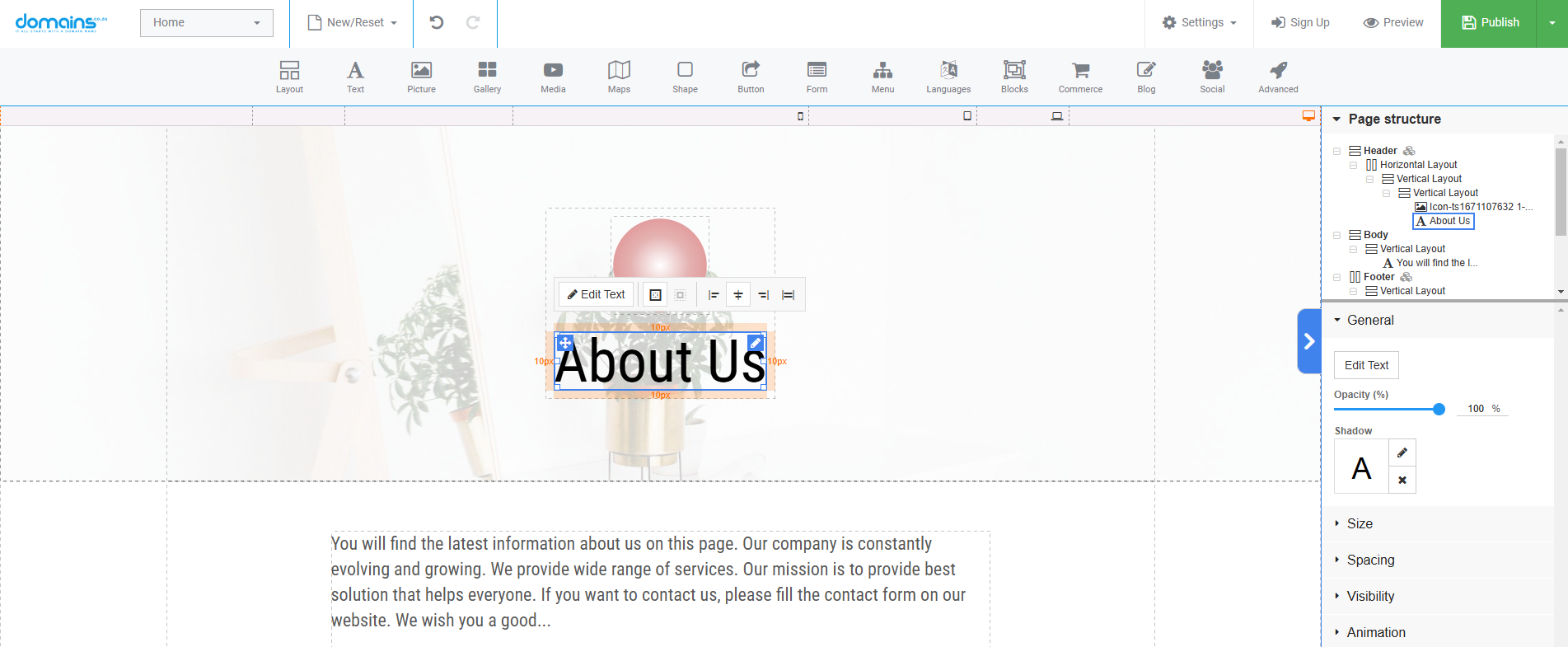 Add Website Content In Site Builder - About Us