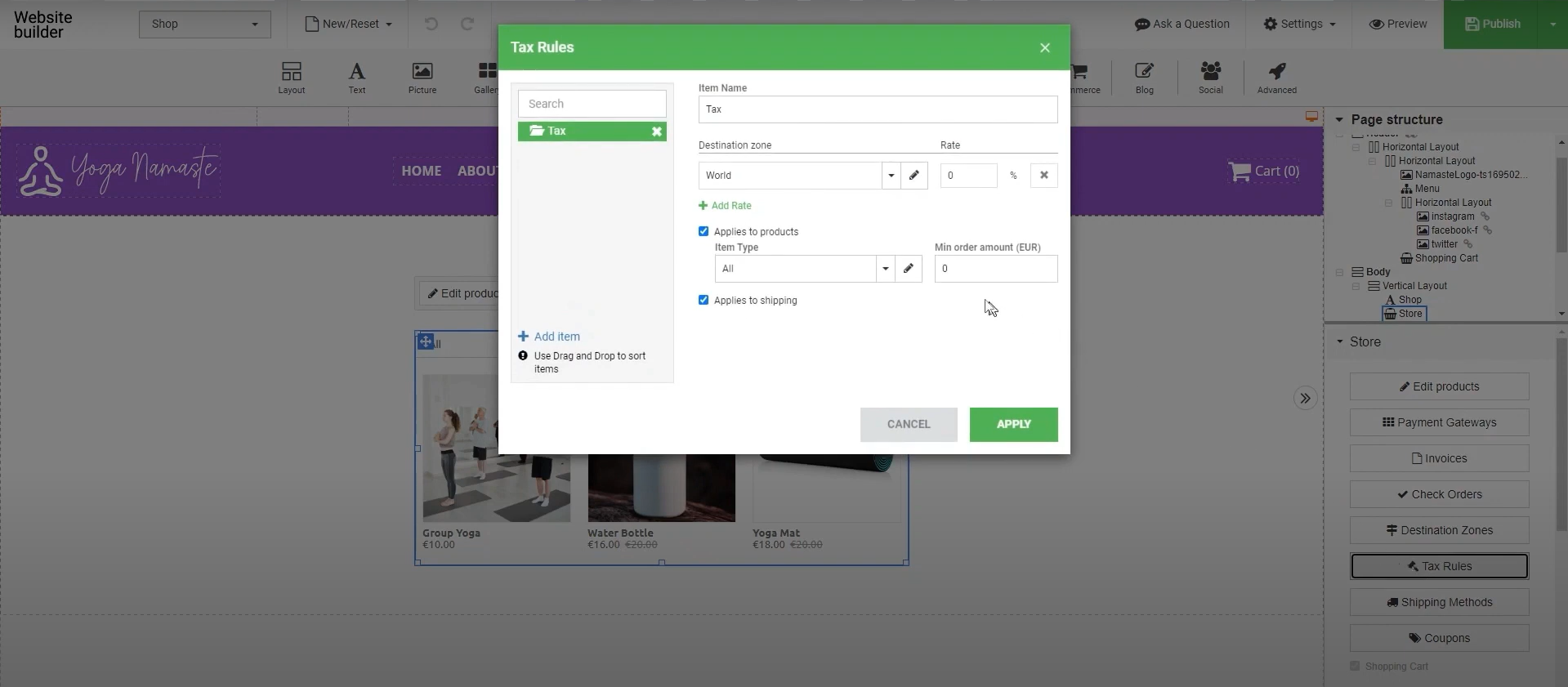 Add Taxes In Site Builder - Taxes