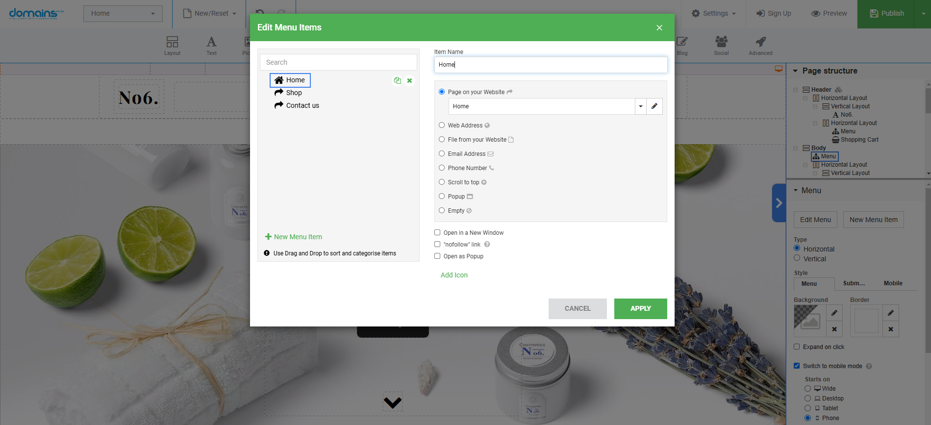 Setup A Website Menu In Site Builder - Edit Menu Item