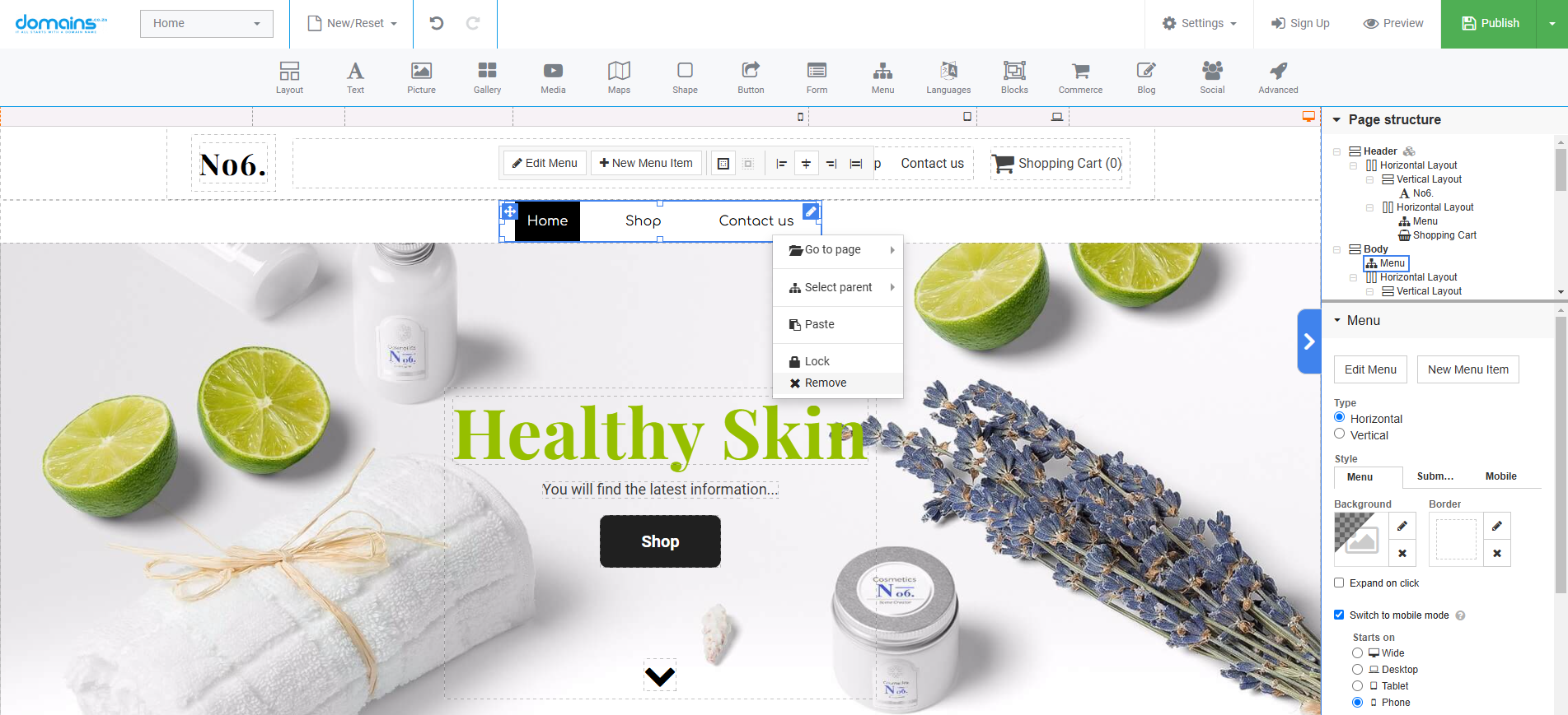 Setup A Website Menu In Site Builder - Layout Menu