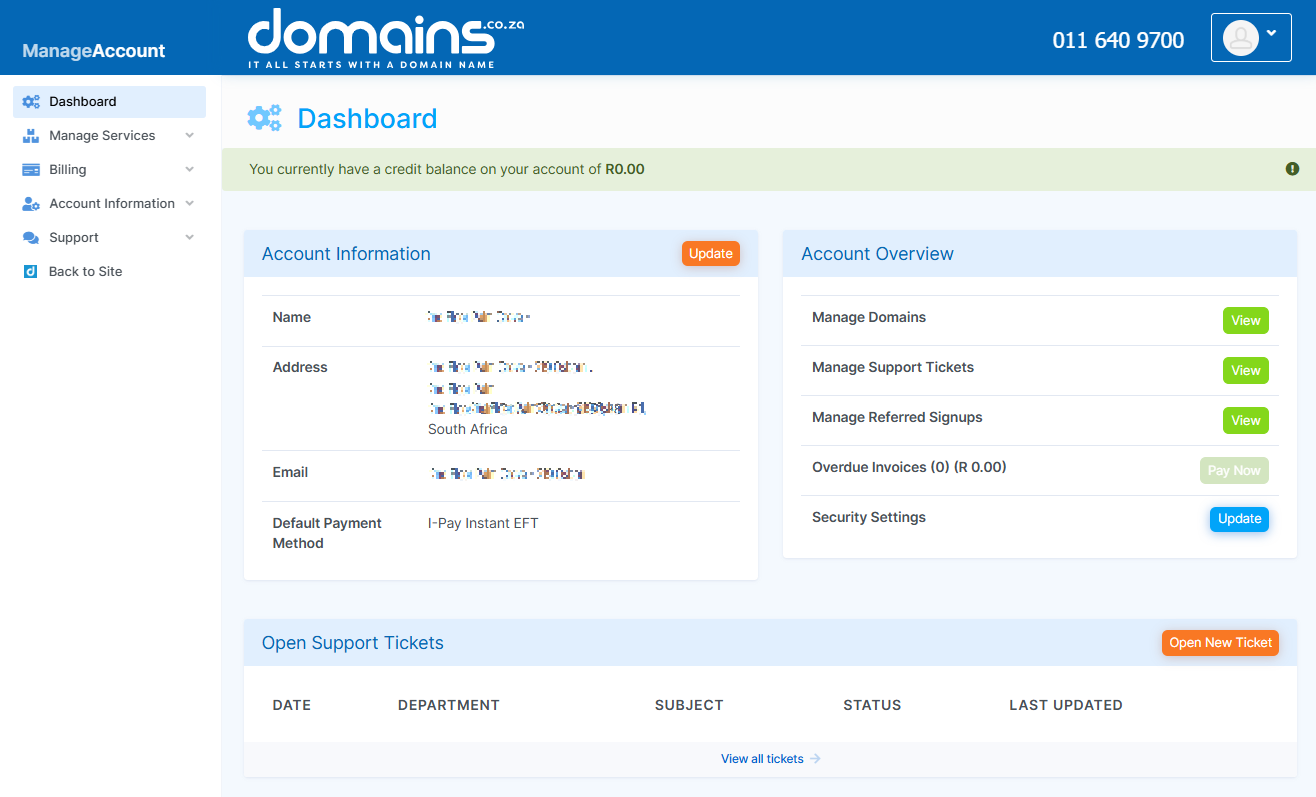 Upgrade Web Hosting - Domains.co.za Client Portal Dashboard