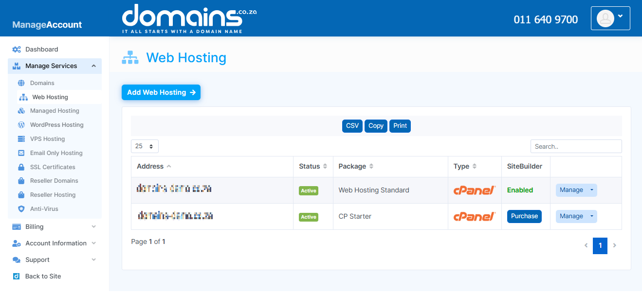 Upgrade Web Hosting - Add Web Hosting